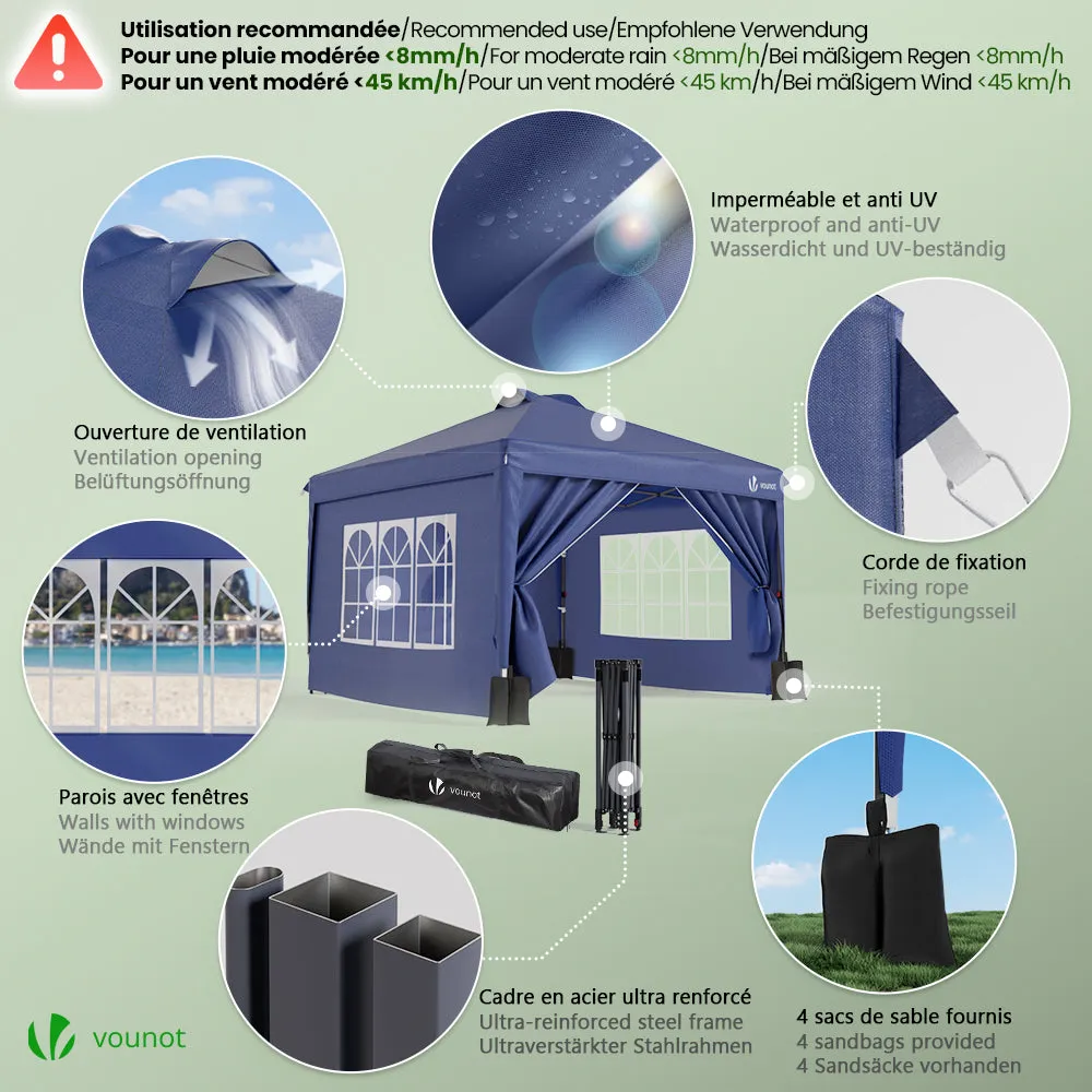 VOUNOT gazebo pieghevole 3x3 m blu con pareti