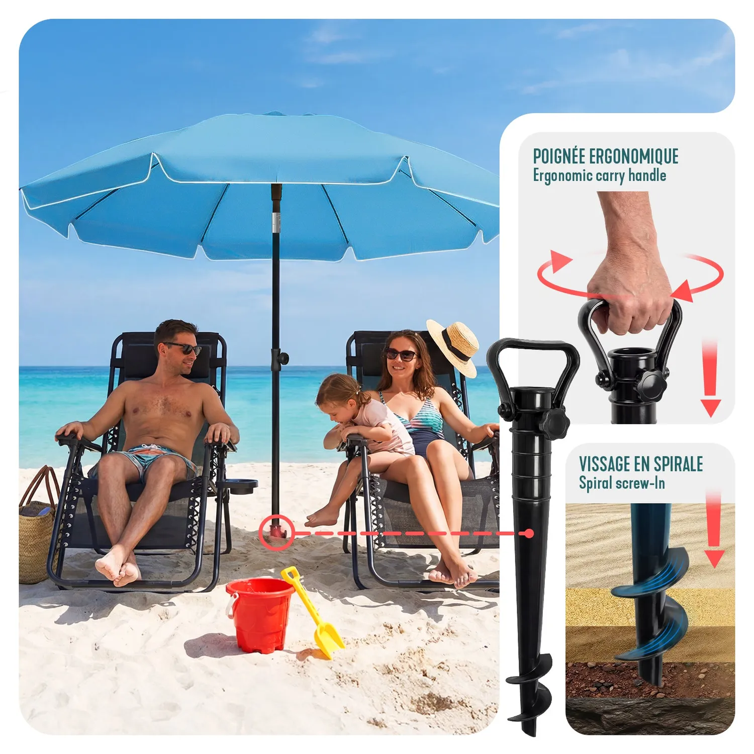 VOUNOT Ombrellone spiaggia 2 m turchese UV50+ con ancoraggio