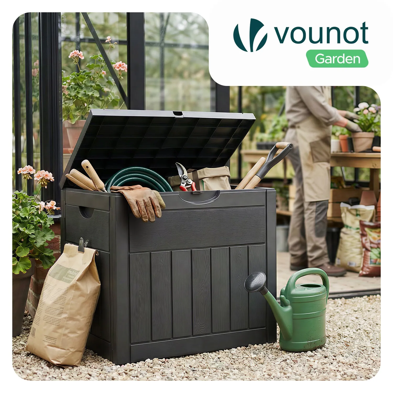 VOUNOT Baule Giardino Esterno 126L Nero Effetto Legno 56x43x53