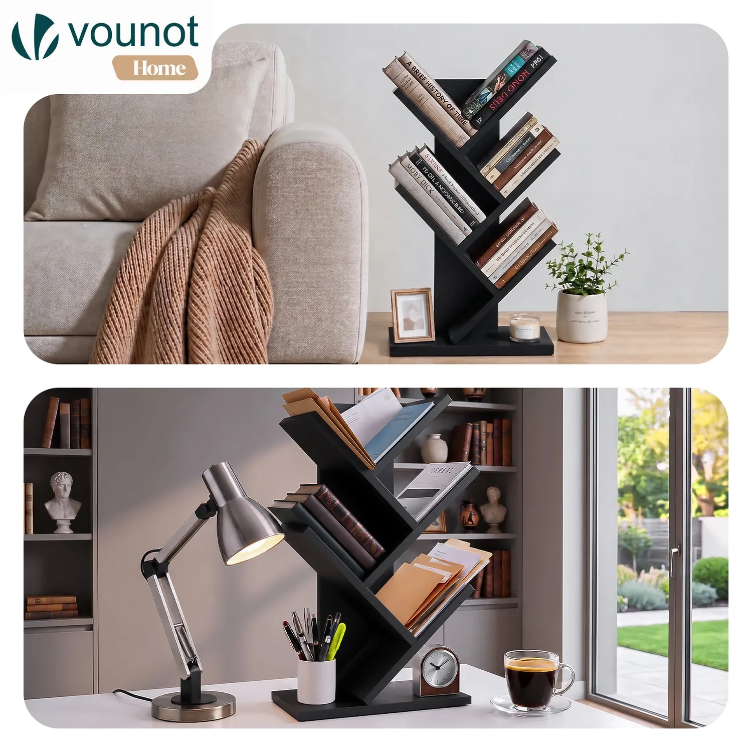 Vounot Albero libreria albero nera 30x16x60 cm compatta