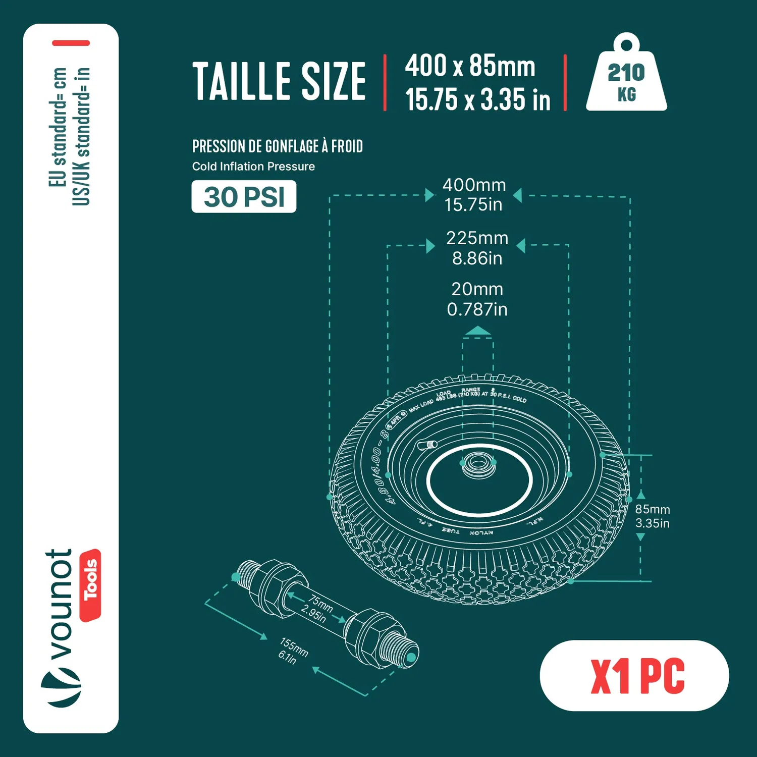 VOUNOT Ruota Pneumatica 4.80/4.00-8 Rossa Foro 20mm