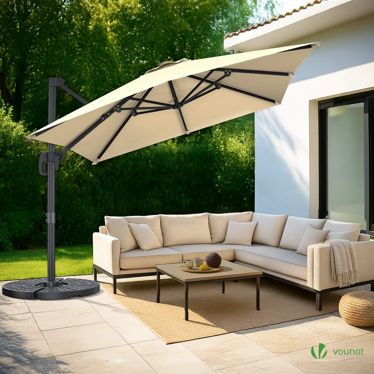 VOUNOT Ombrellone Decentrato Quadrato 3x3 m Beige Inclinabile
