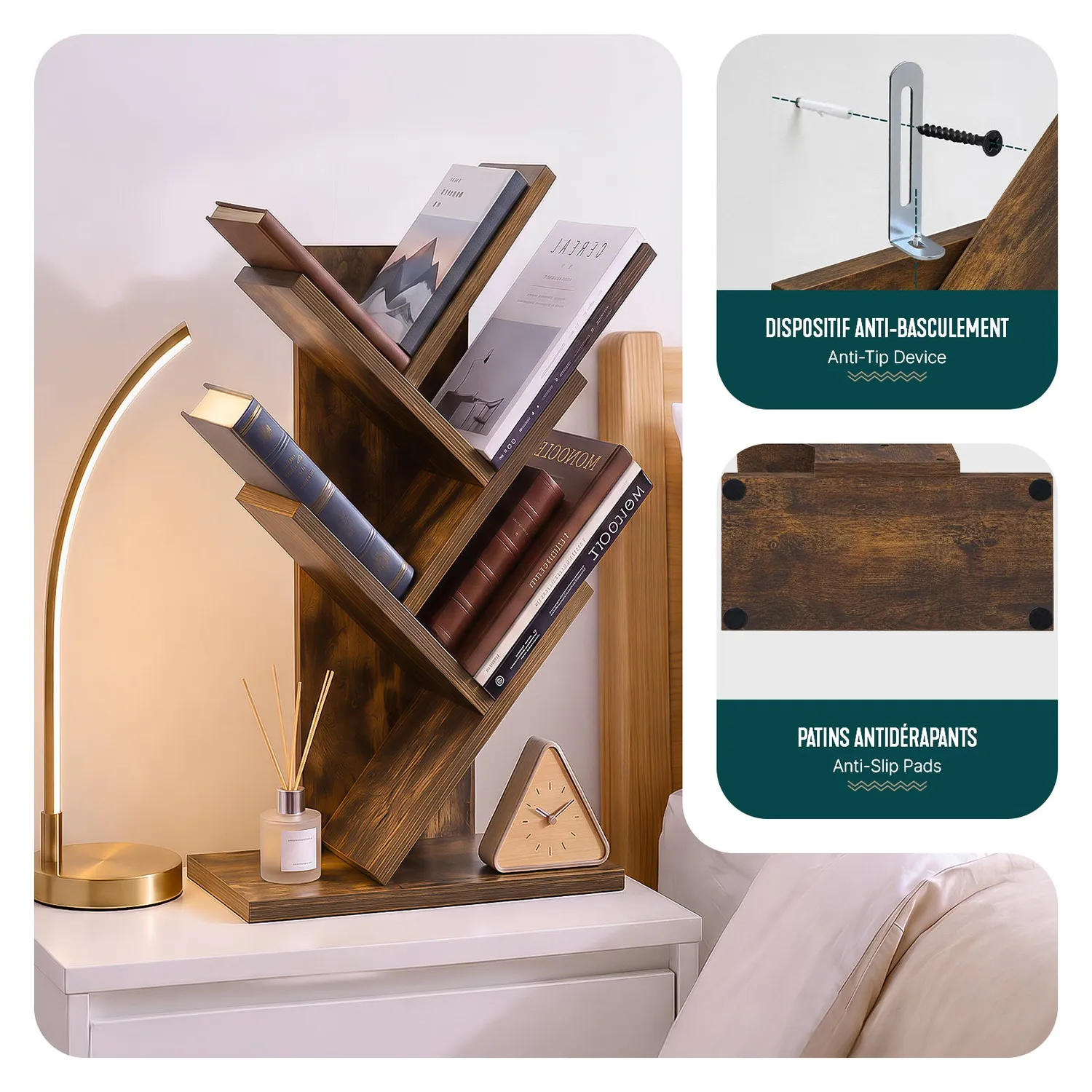 VOUNOT Mini libreria albero 2 ripiani 30x16x40,5cm marrone MDF