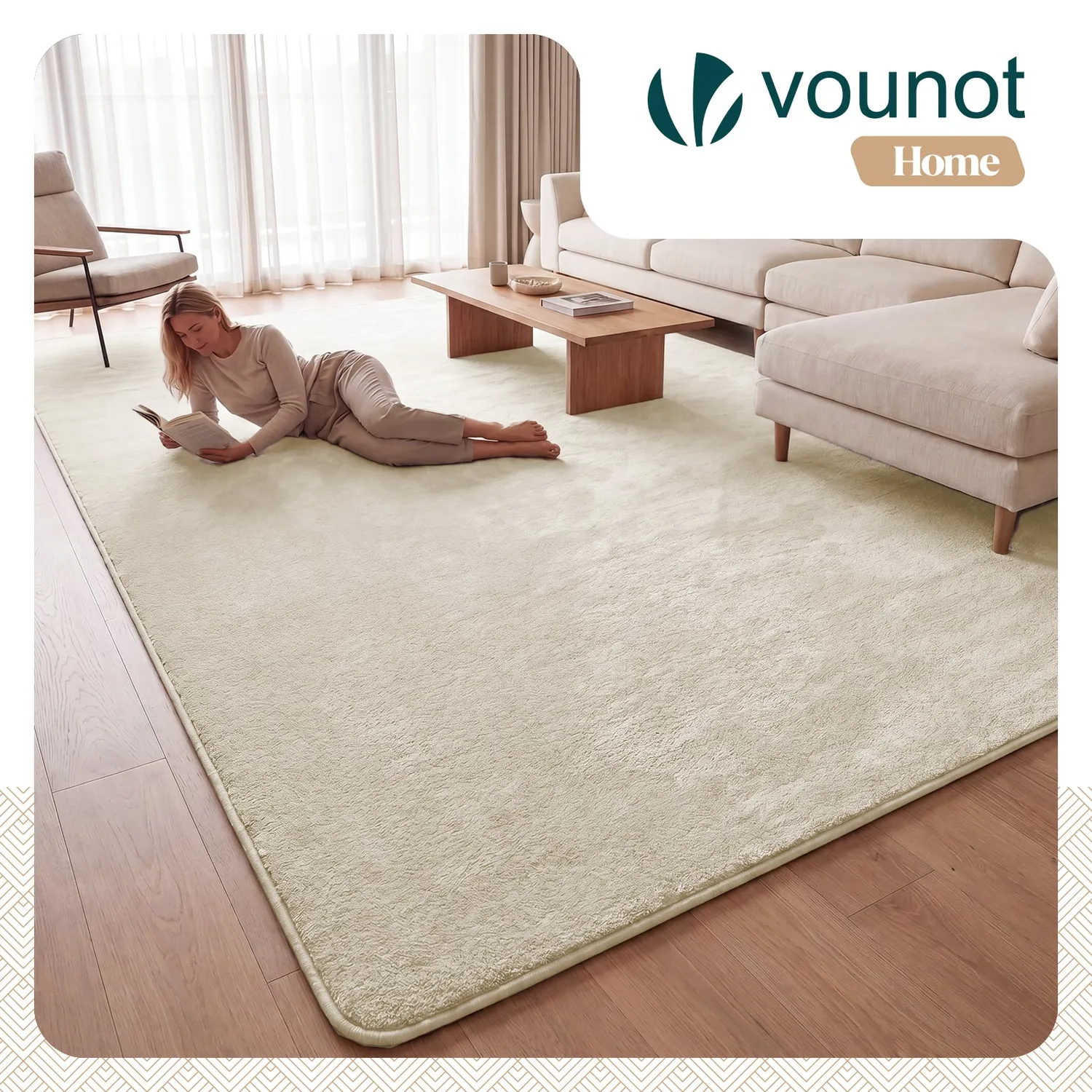 Vounot tappeto pelo raso 240x340 beige antiscivolo morbido