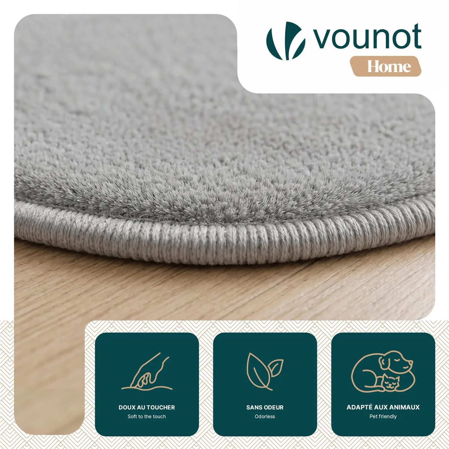 VOUNOT tappeto rotondo soggiorno grigio Ø160 cm pelo corto