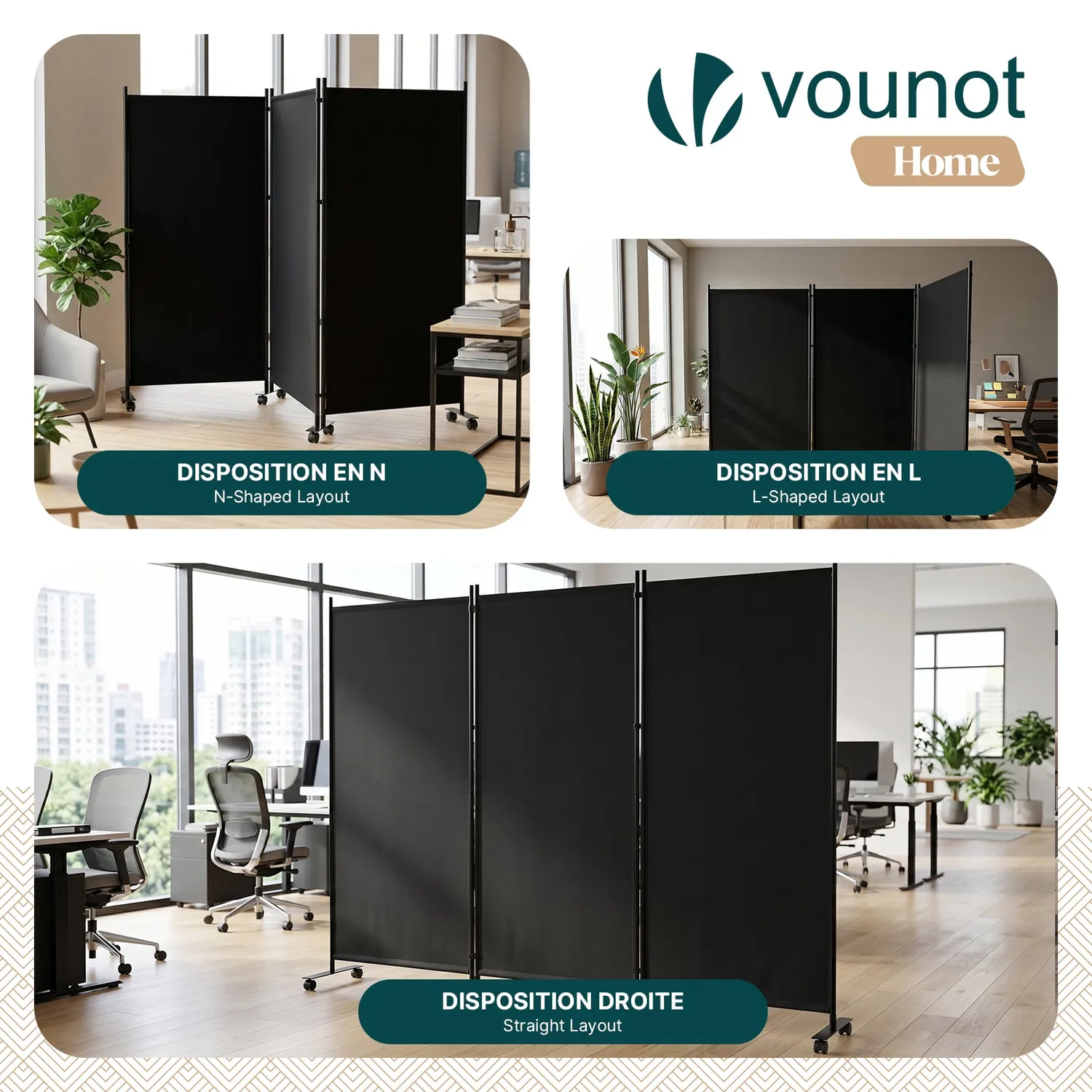 Vounot Paravento Interno 3 Pannelli con Ruote Antracite
