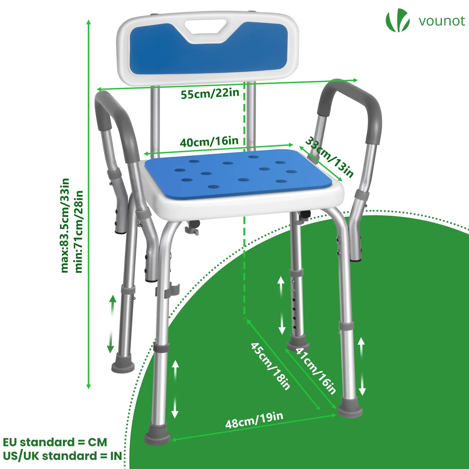 VOUNOT Sedia Doccia Regolabile Alluminio HDPE Blu Altezza