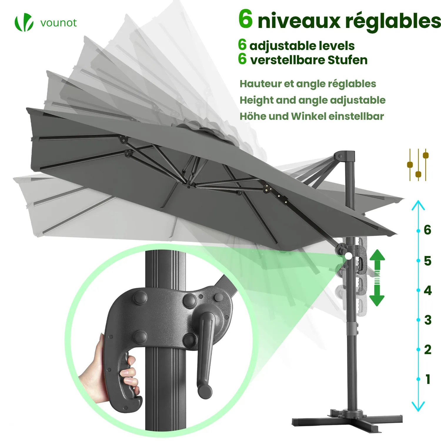 VOUNOT Ombrellone Decentrato 3x3m Grigio con Custodia