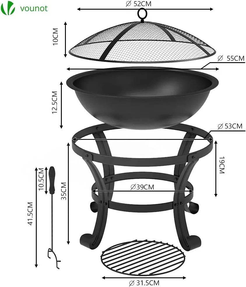 Vounot braciere esterno in acciaio nero con coperchio 55 cm