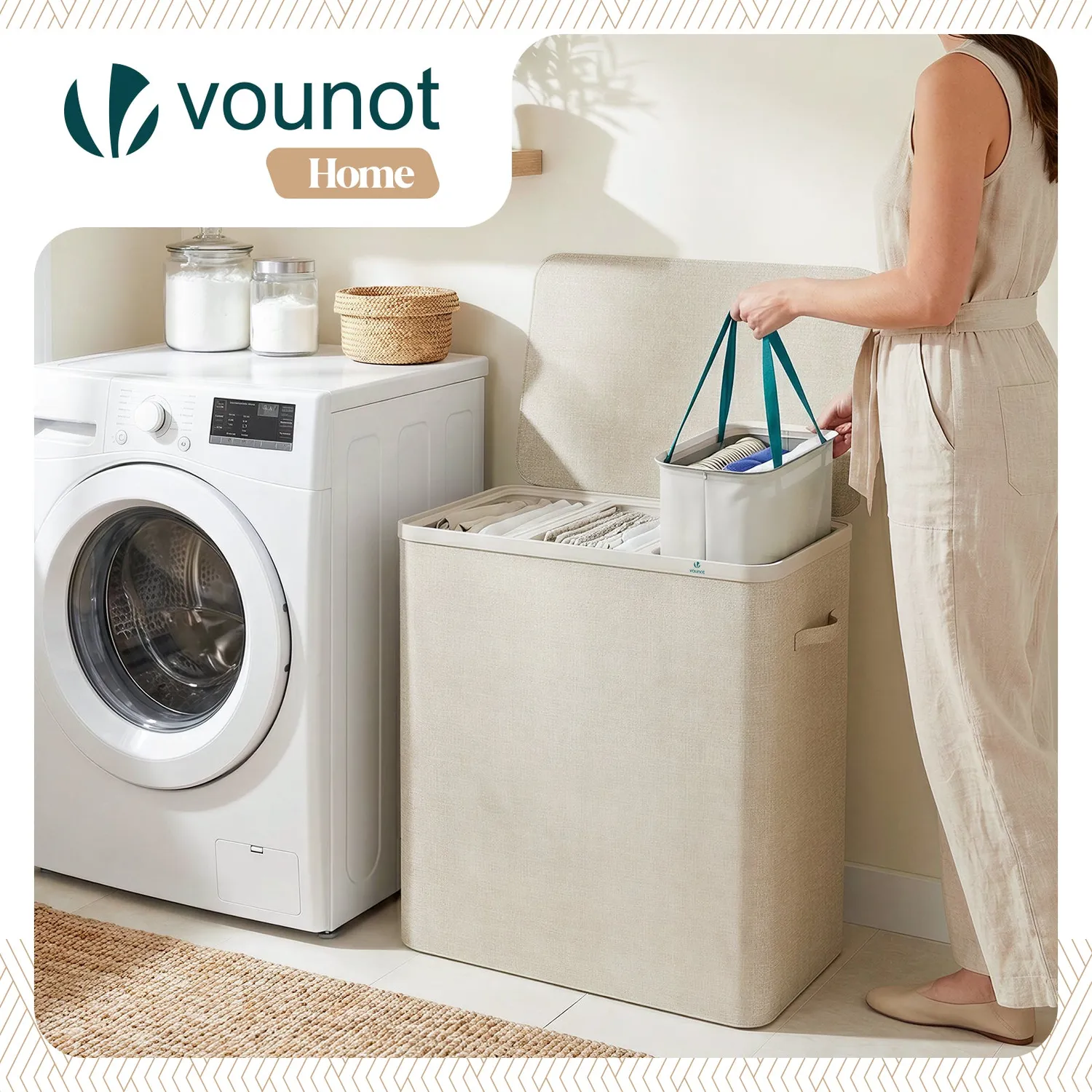 VOUNOT Cesto biancheria 3 scomparti 170L beige con coperchio