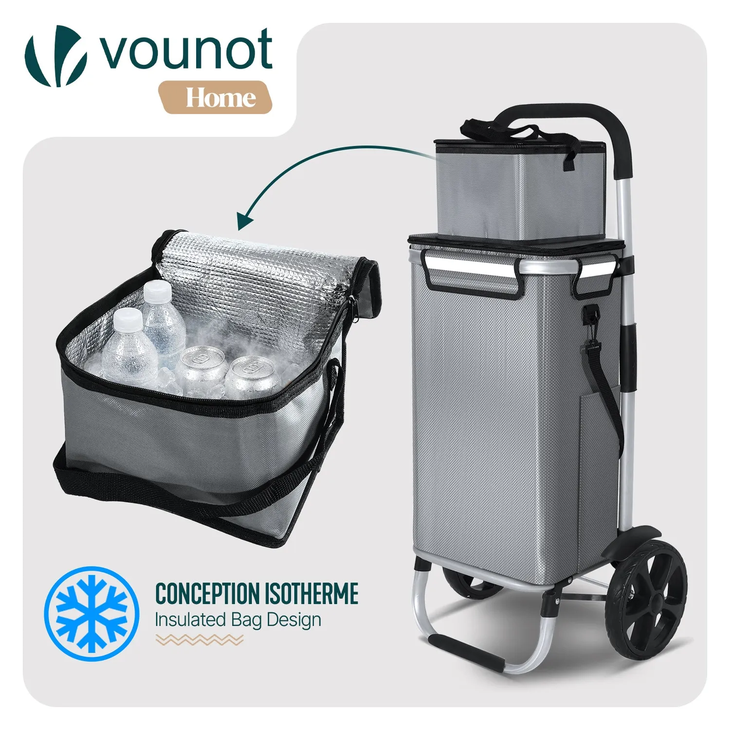 VOUNOT carrello spesa pieghevole alluminio grigio 58L isotermico