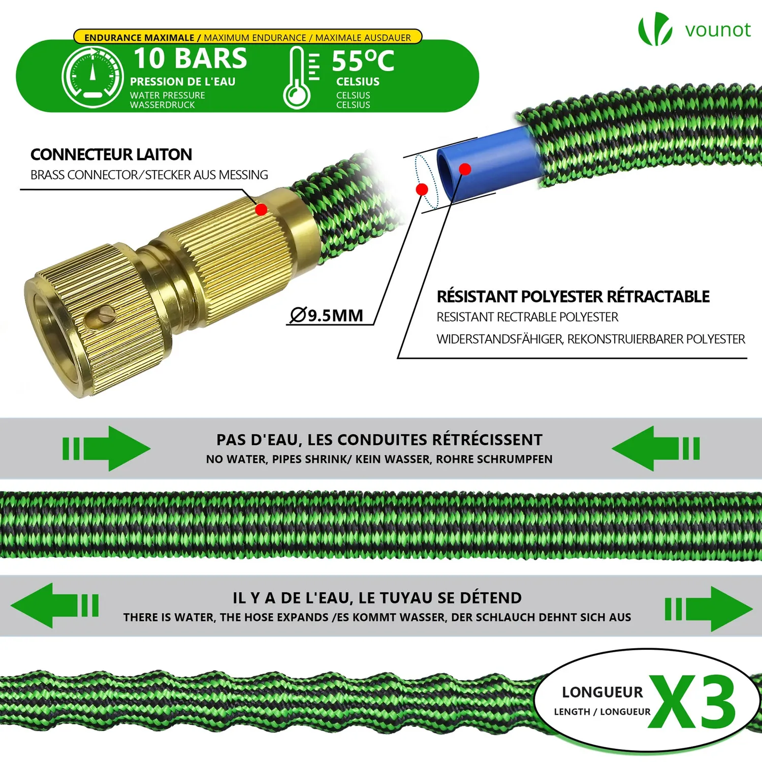 VOUNOT Tubo Irrigazione Estensibile Verde 15m 8 getti