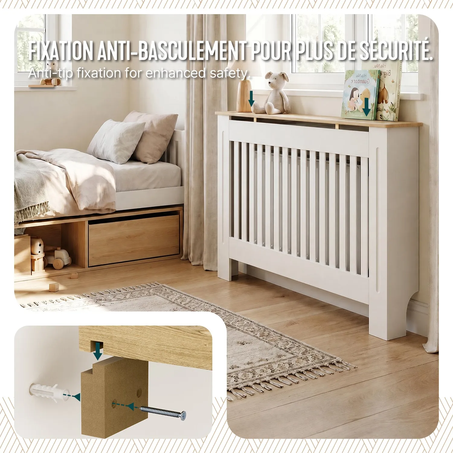 VOUNOT Copricalorifero Bianco Rovere 111x19x82 cm Mensola
