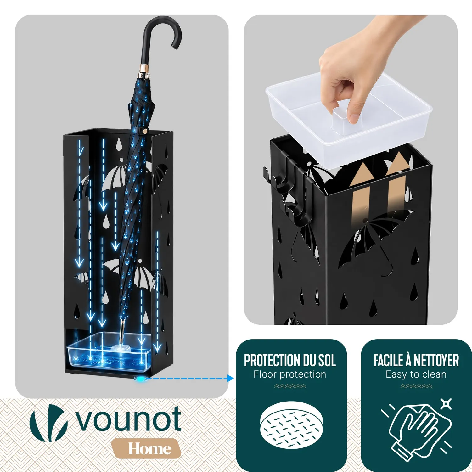 VOUNOT Portaombrelli in Metallo Nero 15,5x15,5x43,5 cm con vaschetta