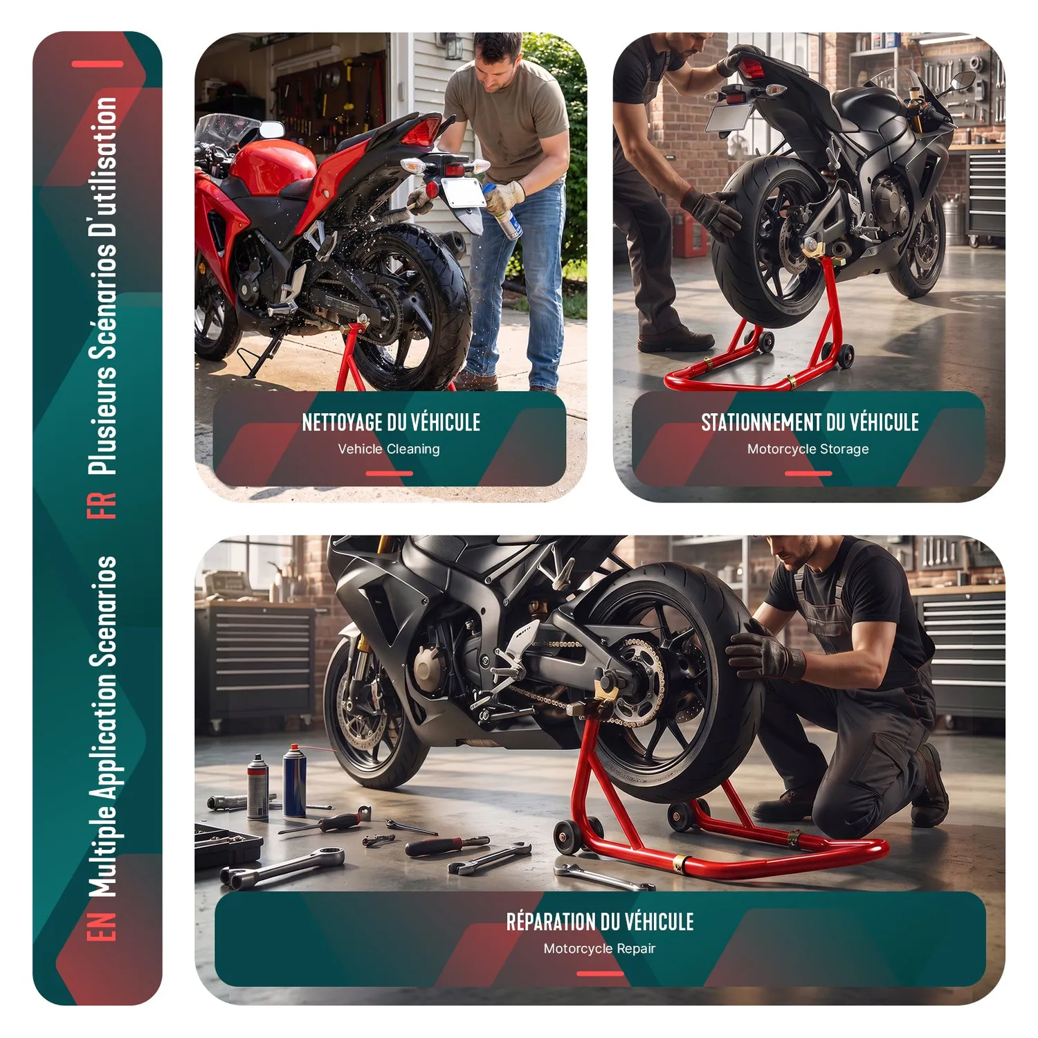 VOUNOT Cavalletto Moto Posteriore 390kg Rosso Acciaio