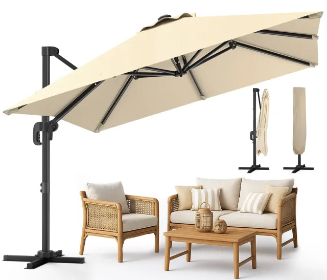 VOUNOT Ombrellone Decentrato Quadrato 3x3 m Beige Inclinabile