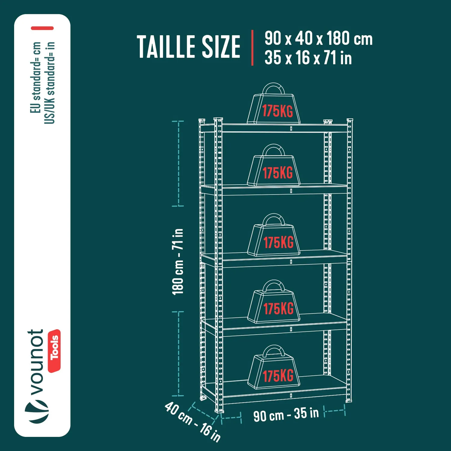Vounot Scaffale Metallo 5 Ripiani 90x40x180 cm 875 kg