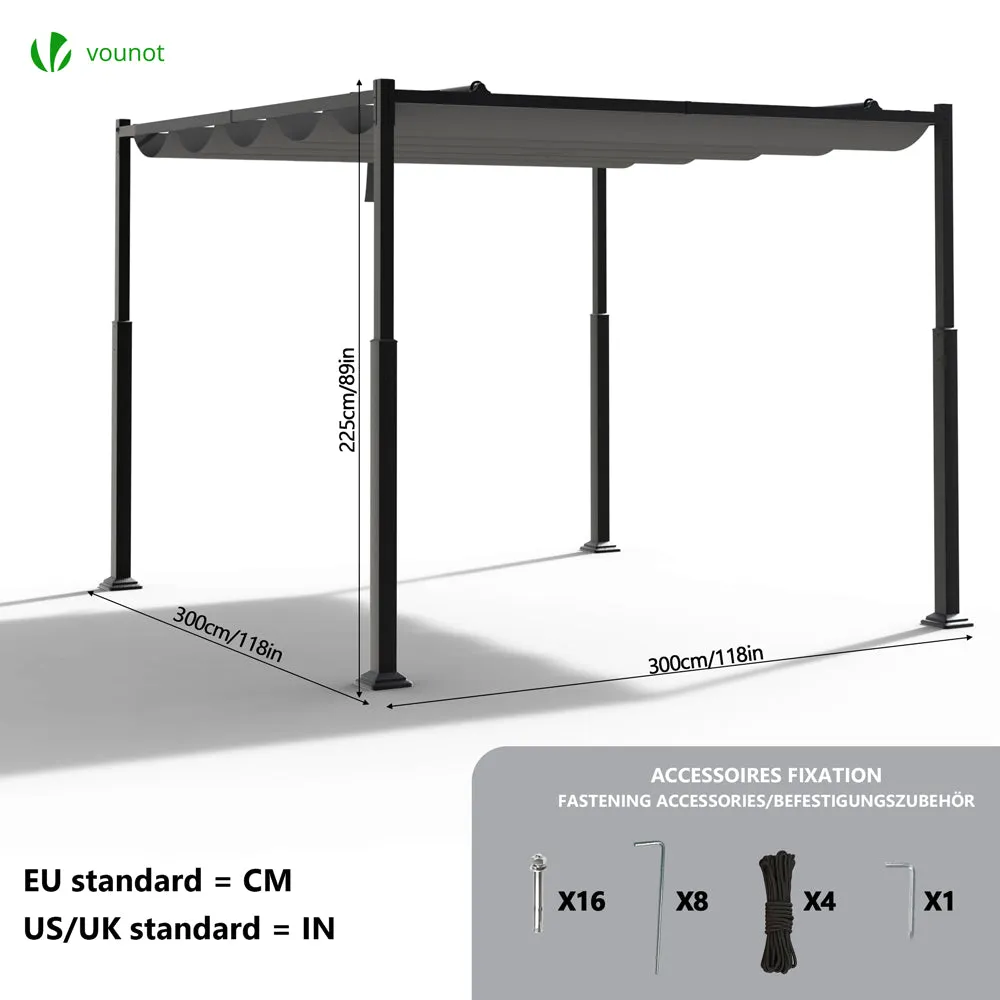 VOUNOT Pergola Retrattile 3x3m Acciaio e Poliestere Grigia