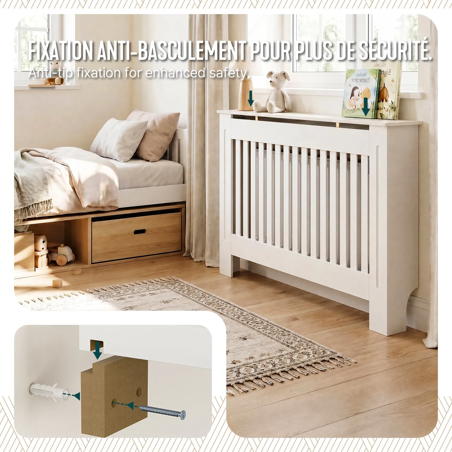 VOUNOT Copritermosifone MDF Bianco 111x19x82 cm Doghe