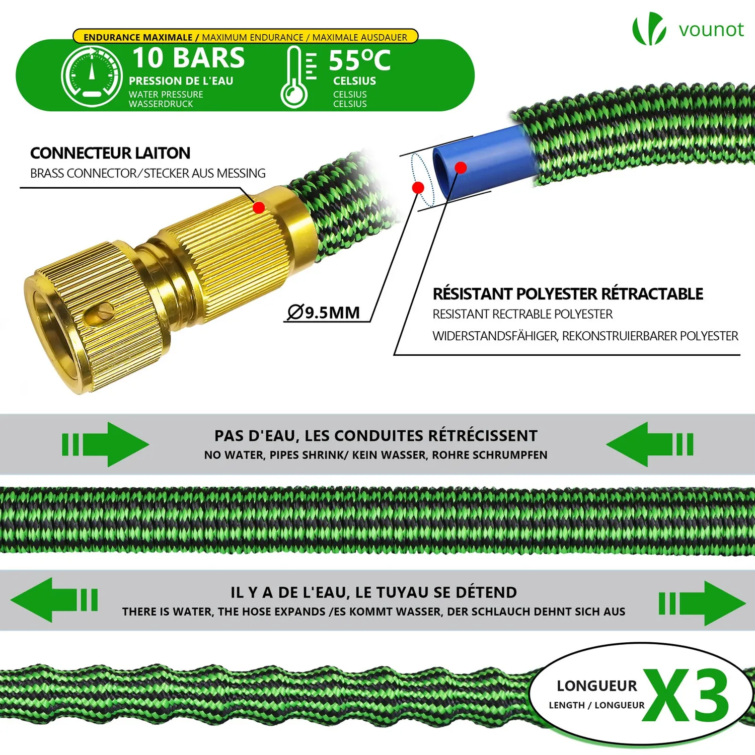 Vounot Tubo Irrigazione Estensibile 45m Verde 10 Getti