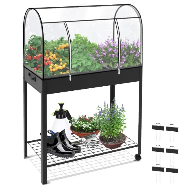 VOUNOT Orto Rialzato con Serra PVC 80,5x130x43 cm Nero su ruote
