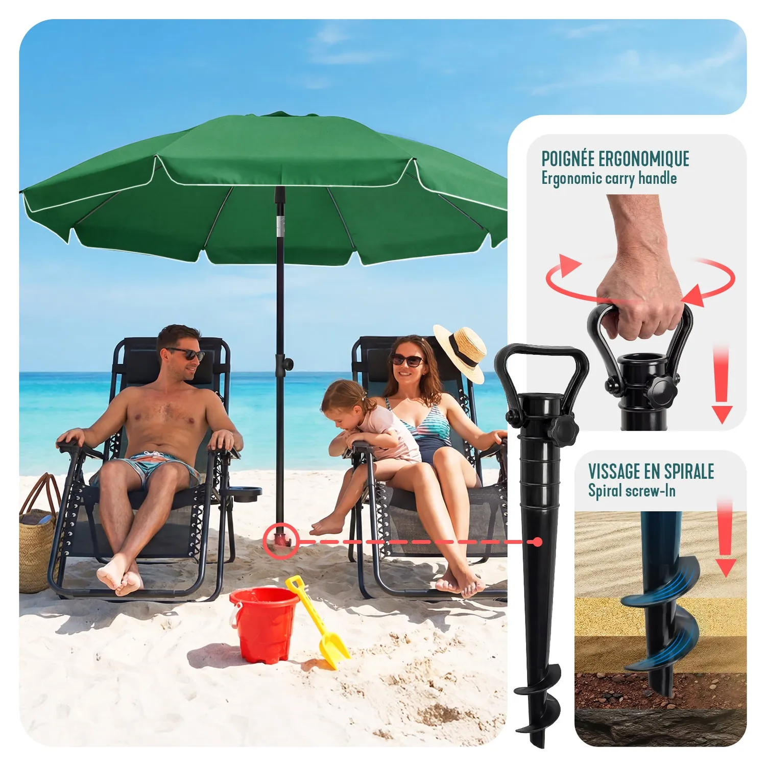 VOUNOT Ombrellone Spiaggia Verde 2x2m UV50+ con Ancoraggio