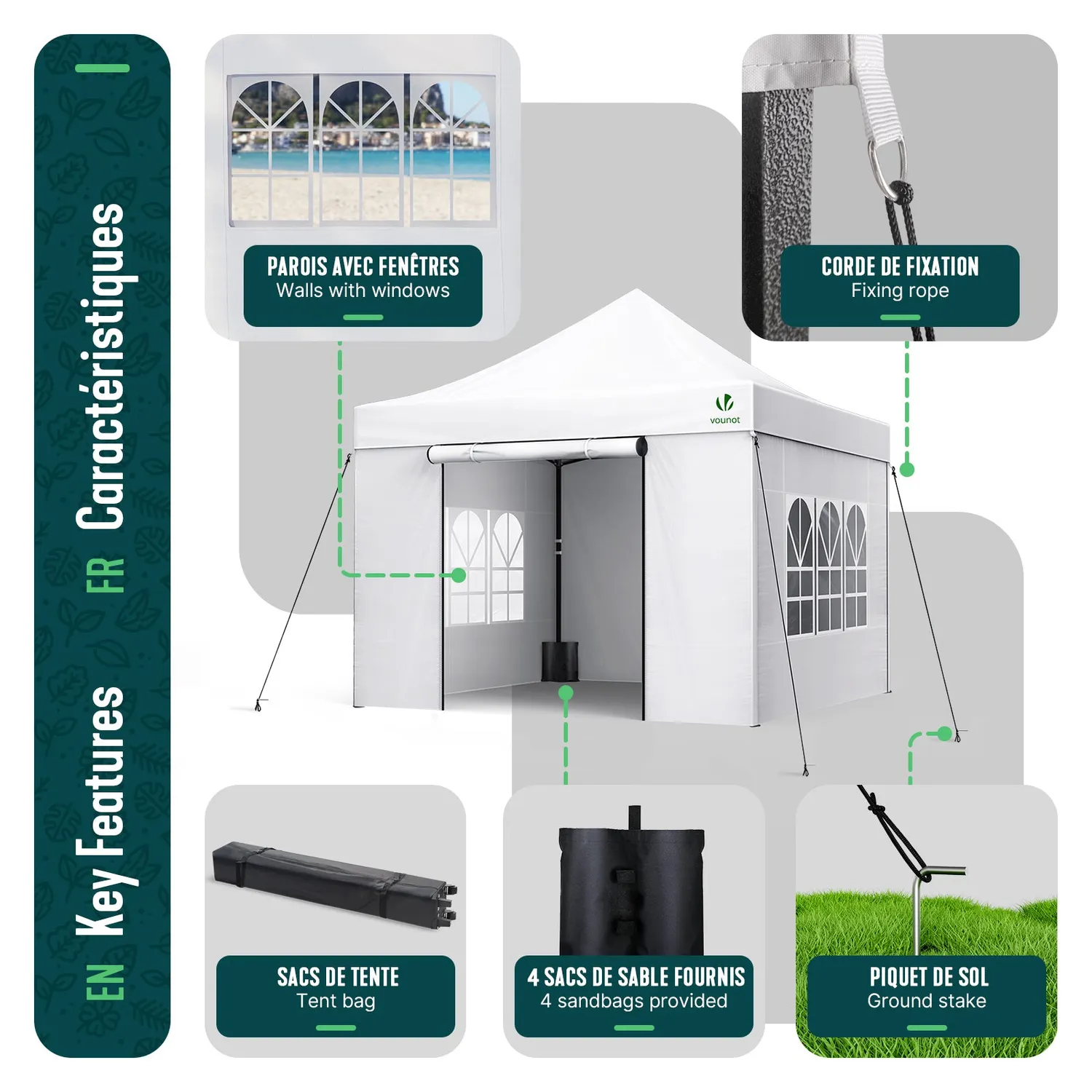 VOUNOT Gazebo Pieghevole 3x3 m Bianco con 4 Pareti