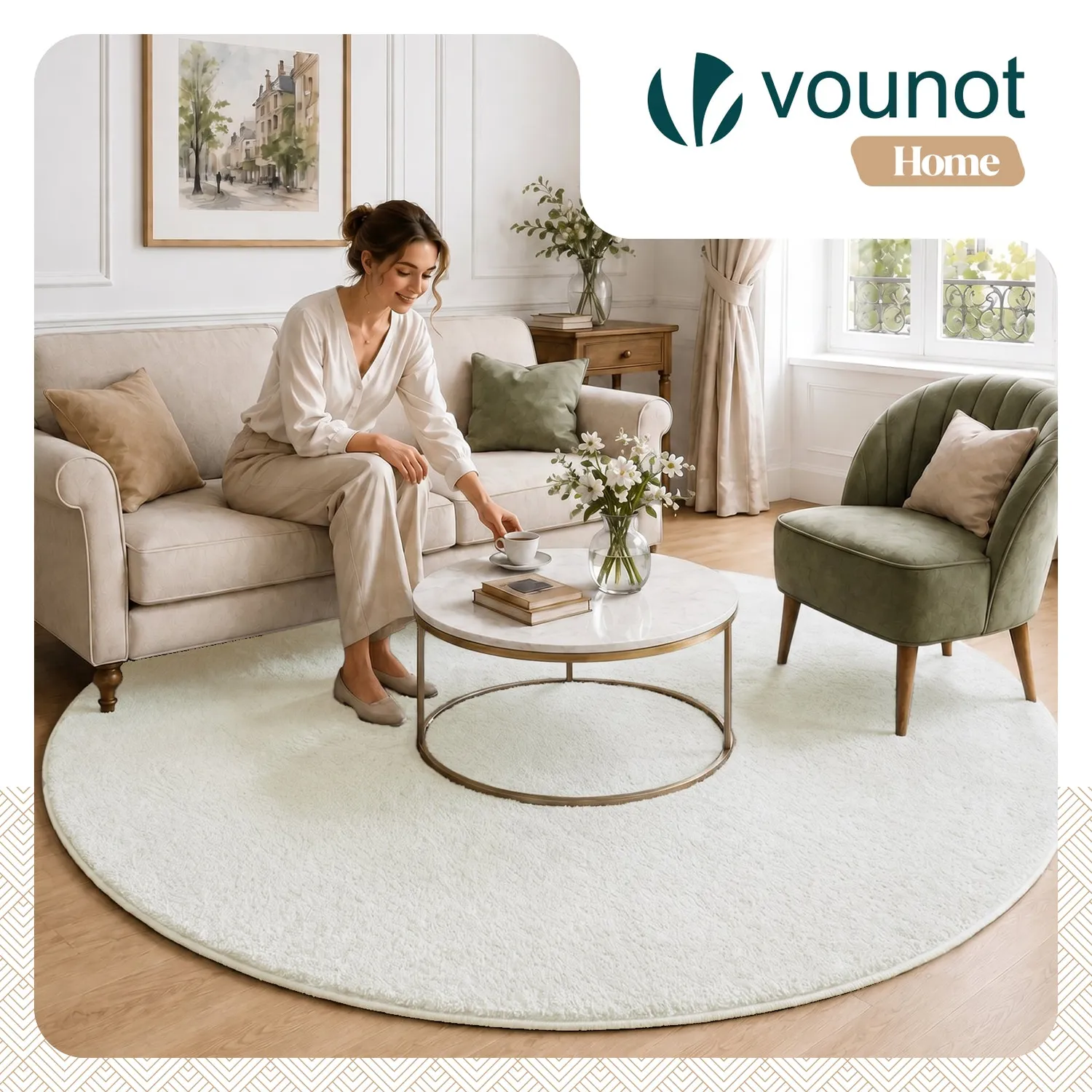 VOUNOT Tappeto Soggiorno Rotondo Crema Ø200 cm Pelo Raso