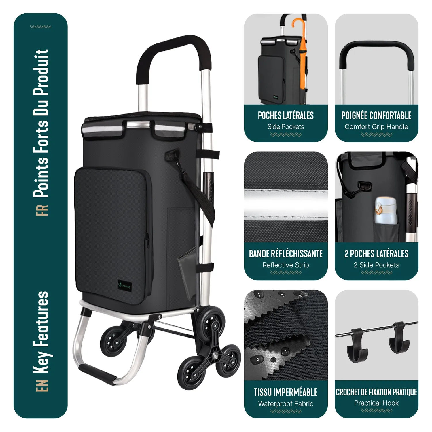 Vounot carrello spesa pieghevole 50L nero 40kg 6 ruote