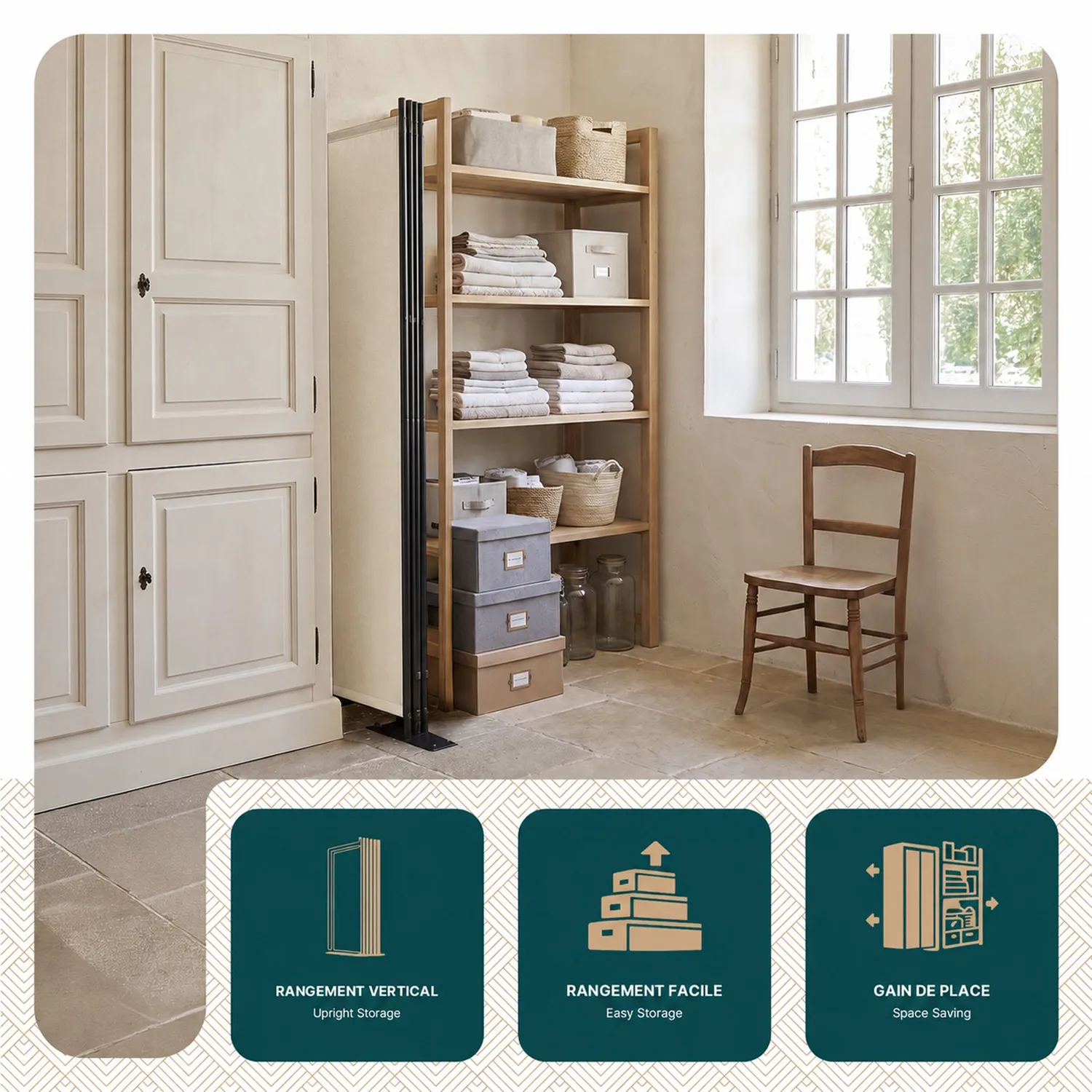 VOUNOT Paravento separè 3 pannelli 262cm beige pieghevole