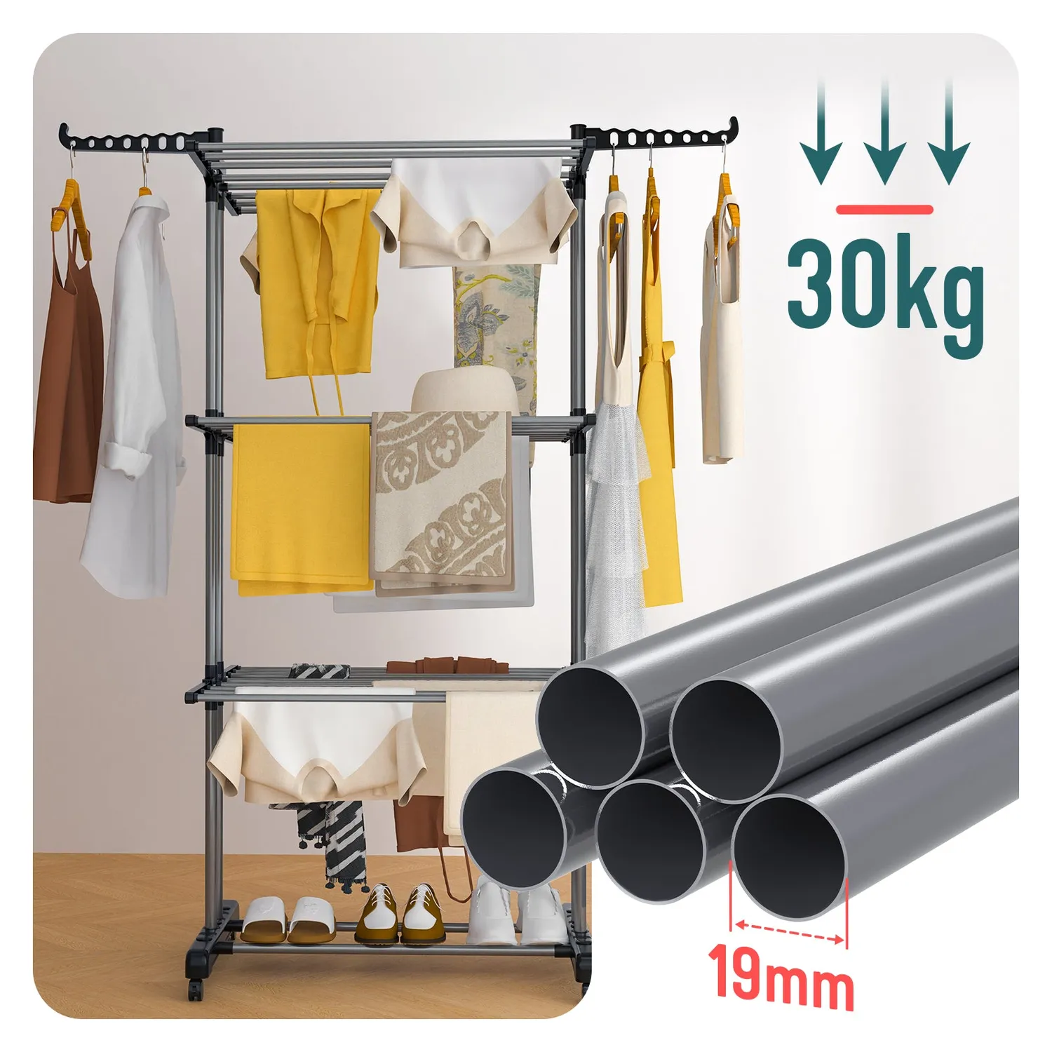 VOUNOT Stendibiancheria Verticale 4 Livelli 126x63x170cm Nero