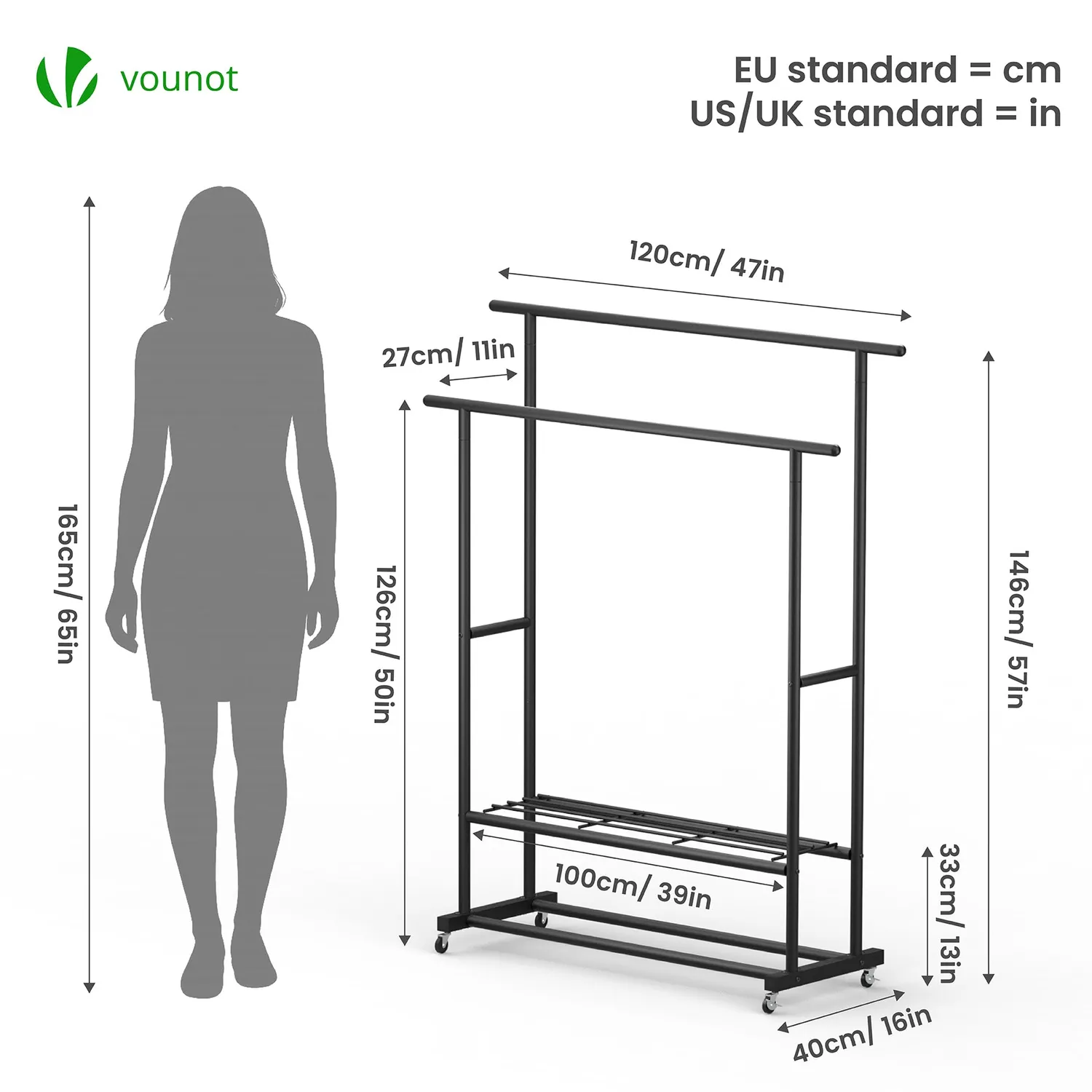 Vounot Stand Appendiabiti Doppio Nero 120x40x146cm