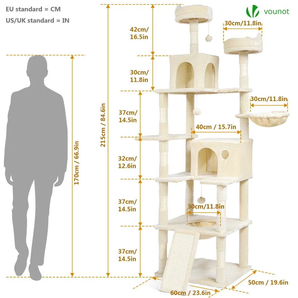 Vounot albero tiragraffi gatto gigante beige 6 livelli 215 cm