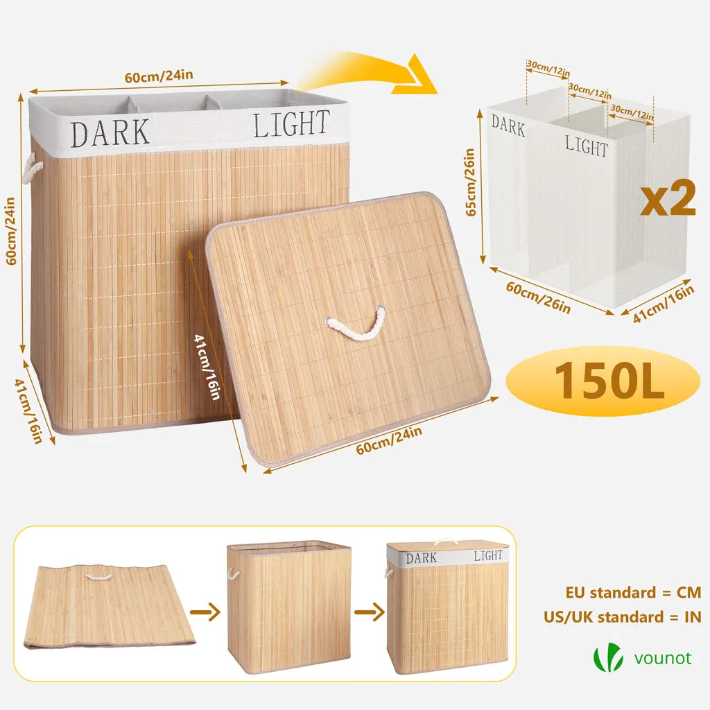 VOUNOT Cesto portabiancheria bambù 150L 60x41x60cm 3 scomparti