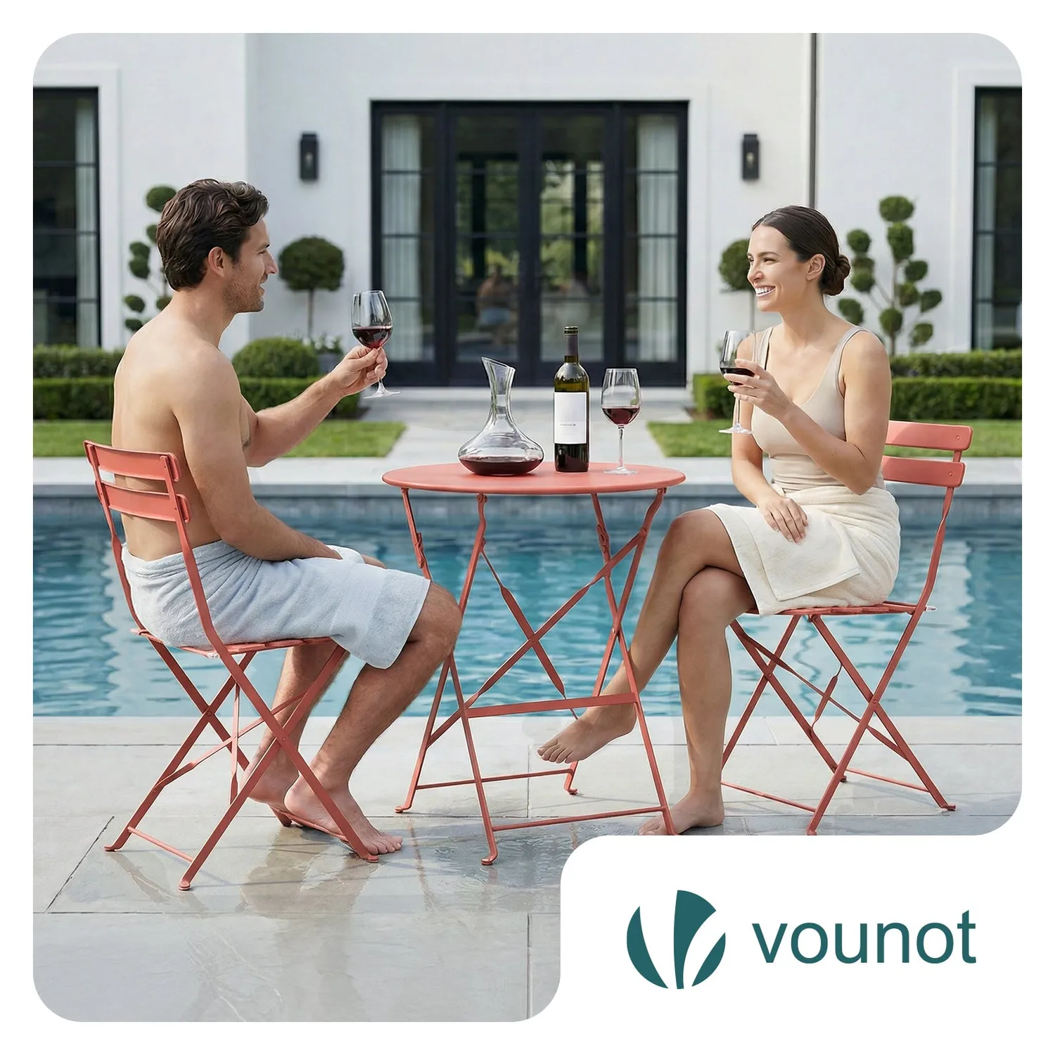 VOUNOT Set Bistrot Metallo Tavolo+2 Sedie Rosso Mattone Pieghevole
