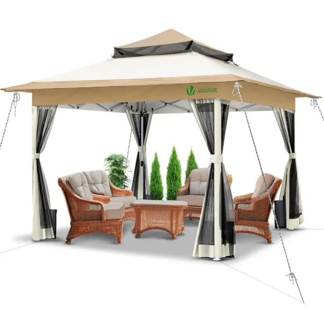 VOUNOT Gazebo Pieghevole 3,6x3,6 Beige con Zanzariera