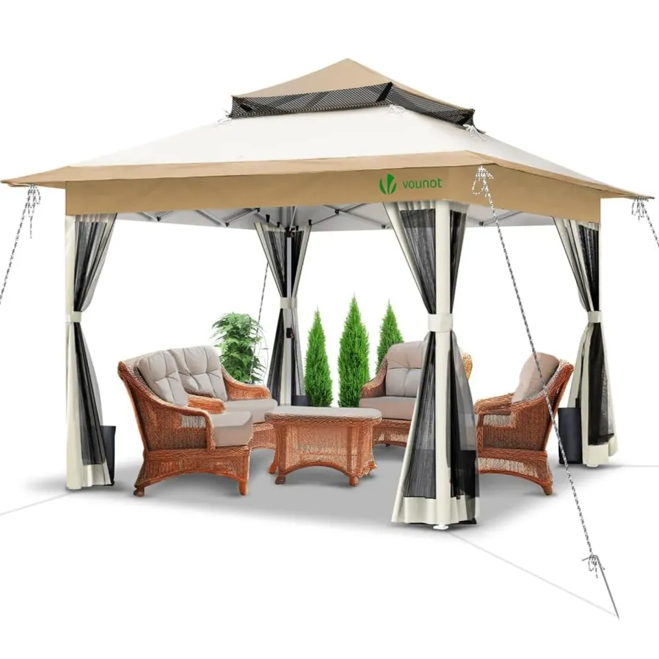VOUNOT Gazebo Pieghevole 3,6x3,6 Beige con Zanzariera