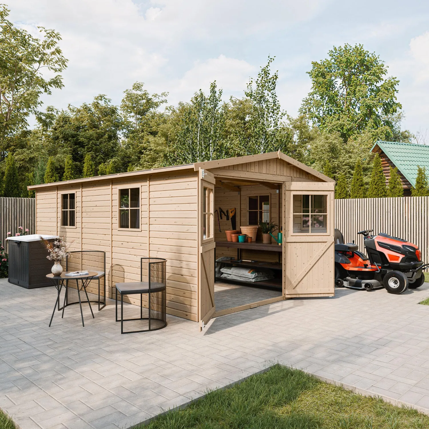 Timbela M337 casetta pannelli legno 303x493 15 m² doppia porta