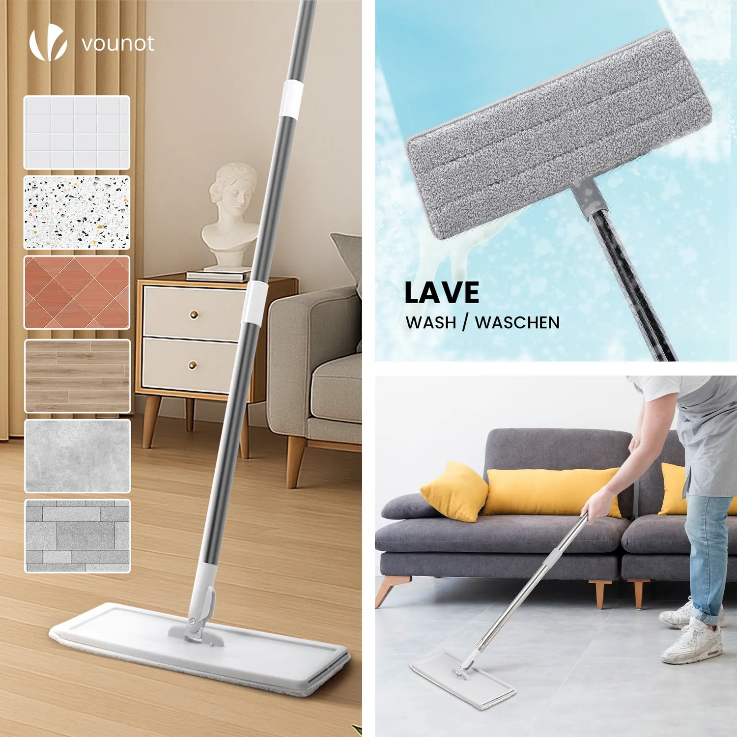 VOUNOT Mocio Piatto con Secchio Strizzatore Bianco 6 Panni
