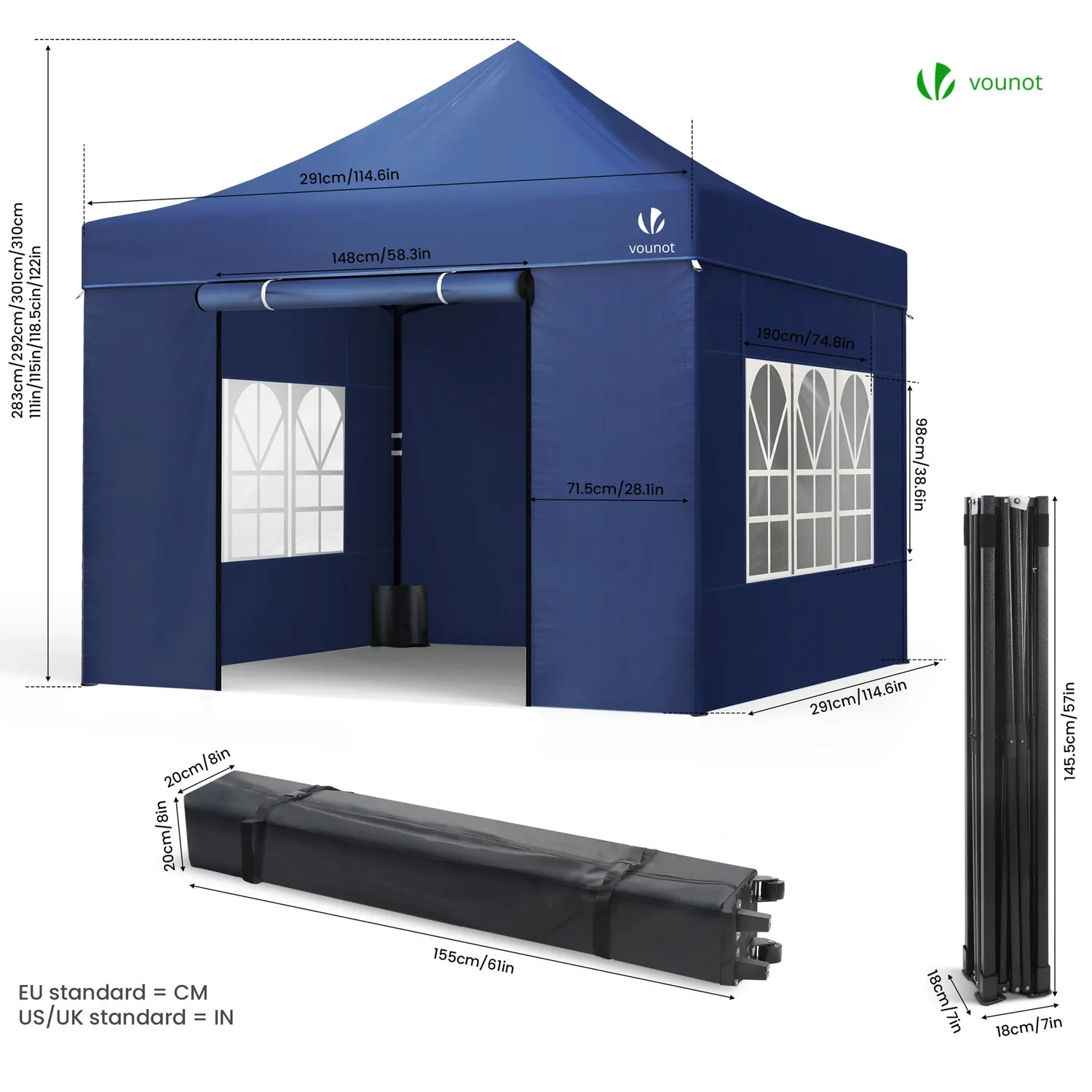 VOUNOT Gazebo pieghevole 3x3 m con 4 pareti blu impermeabile
