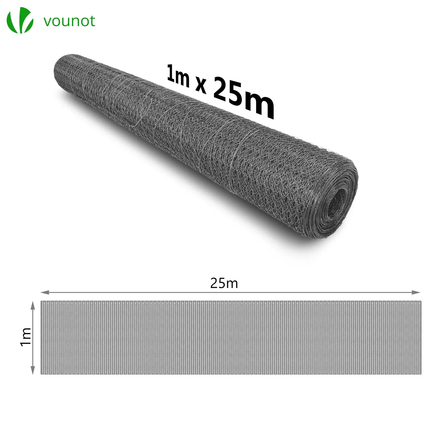 VOUNOT Rete Pollaio PVC Grigia 1x25 m Maglia 13 mm