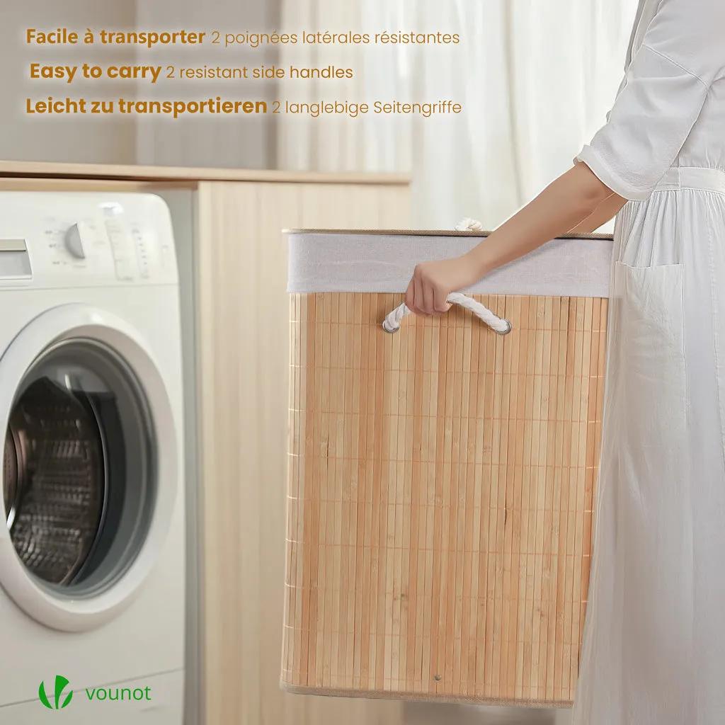 VOUNOT Cesto portabiancheria bambù 150L 60x41x60cm 3 scomparti
