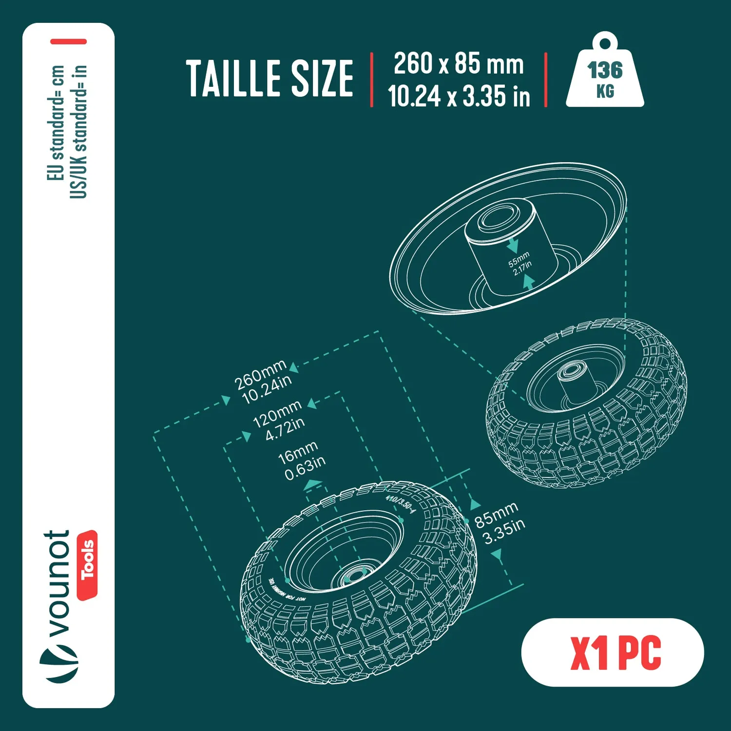 VOUNOT Ruota Piena 3.50-4 260x85 mm Gialla Foro 16 mm