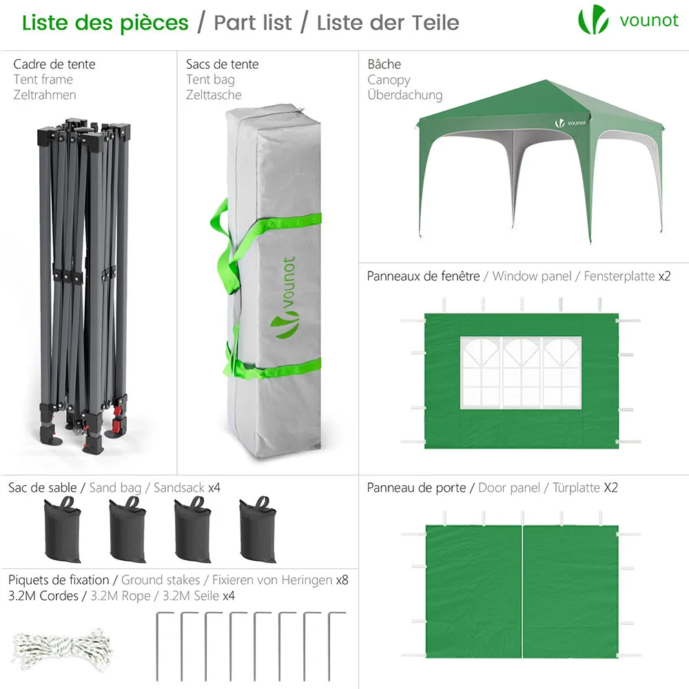 Vounot gazebo giardino pieghevole 3x3 m verde con pareti