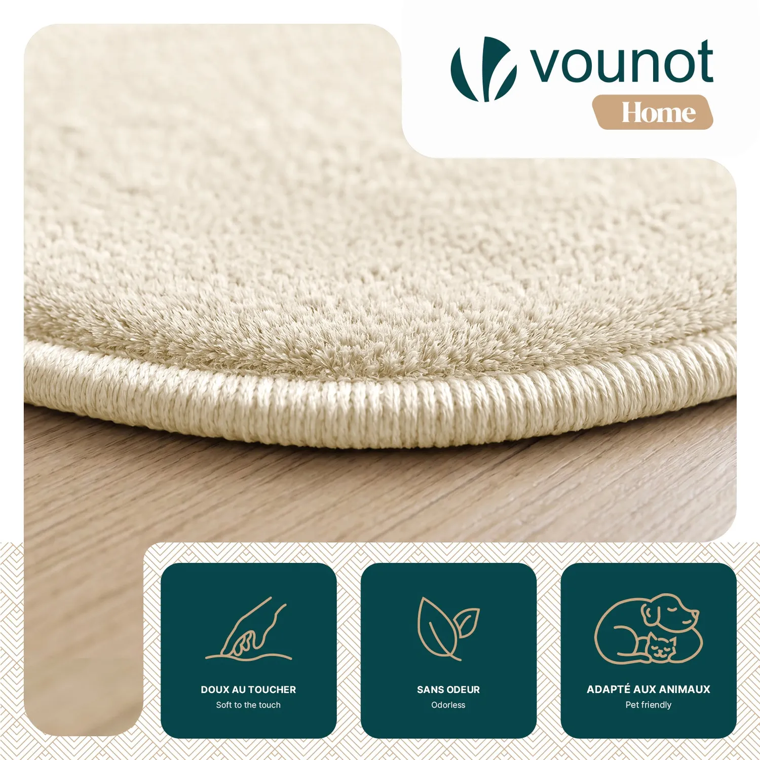 VOUNOT Tappeto Rotondo Ø160 cm Beige Pelo Corto Antiscivolo