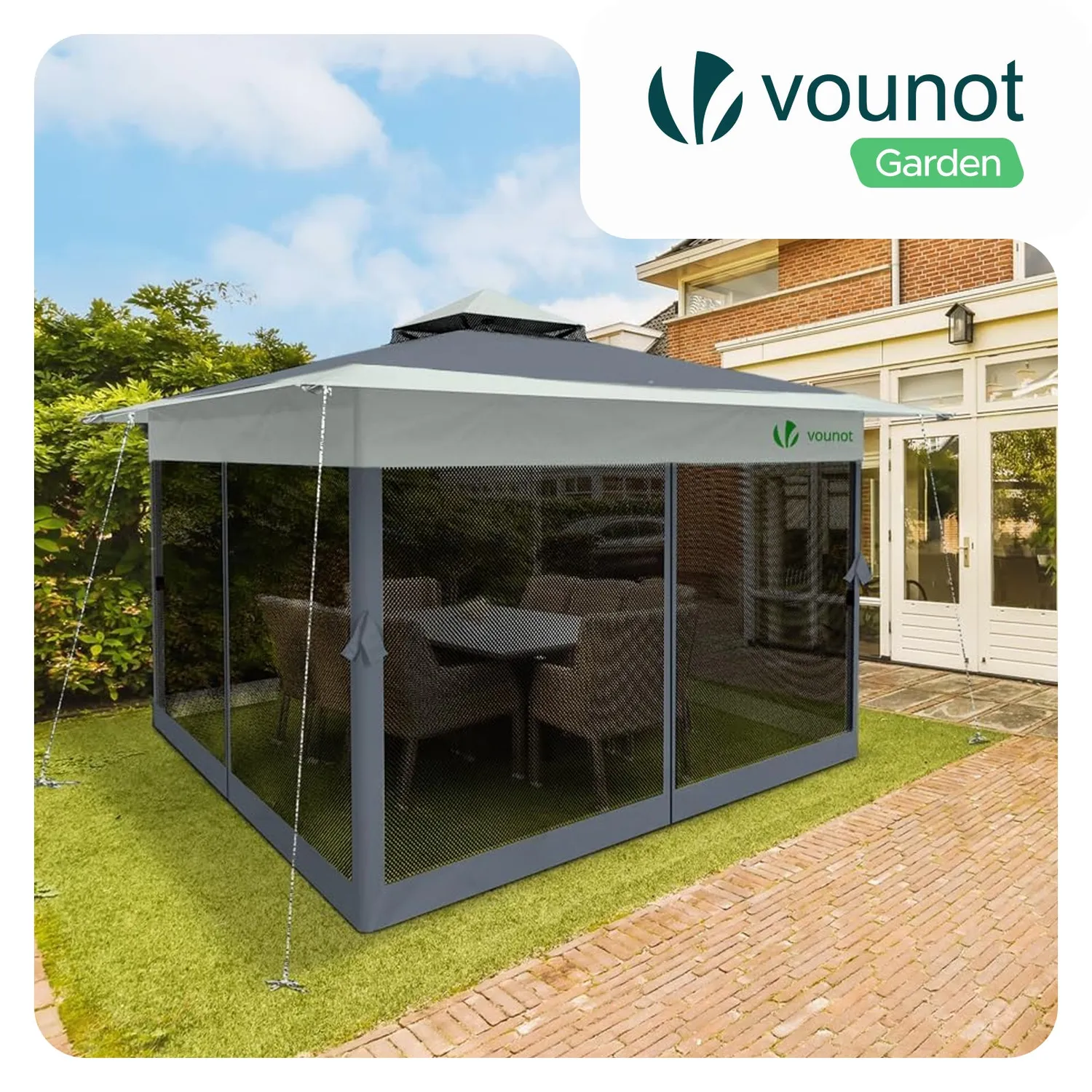 Vounot Gazebo Pieghevole 3.6x3.6m Grigio con Zanzariere