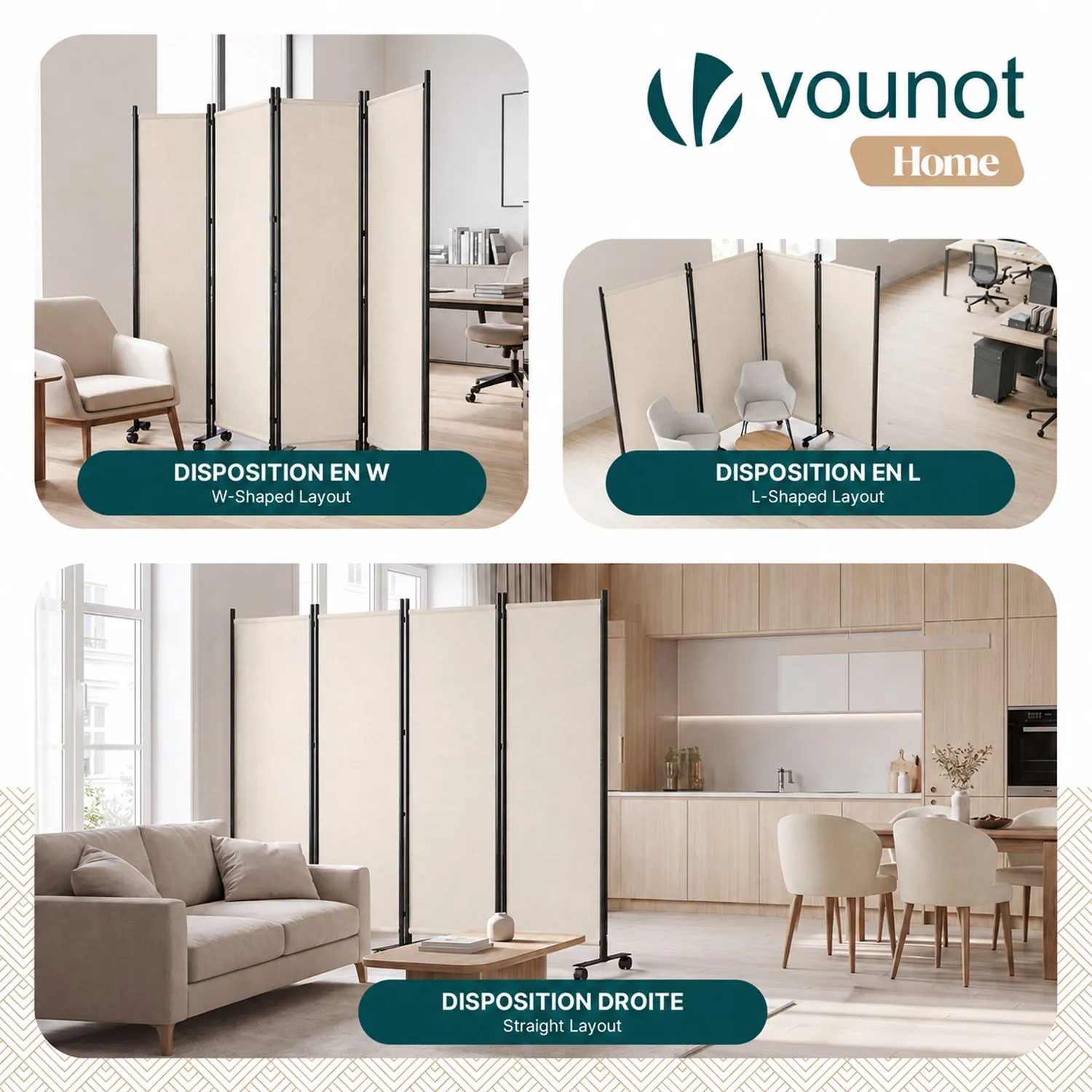 VOUNOT Paravento interno 4 pannelli con ruote beige 228x171 cm