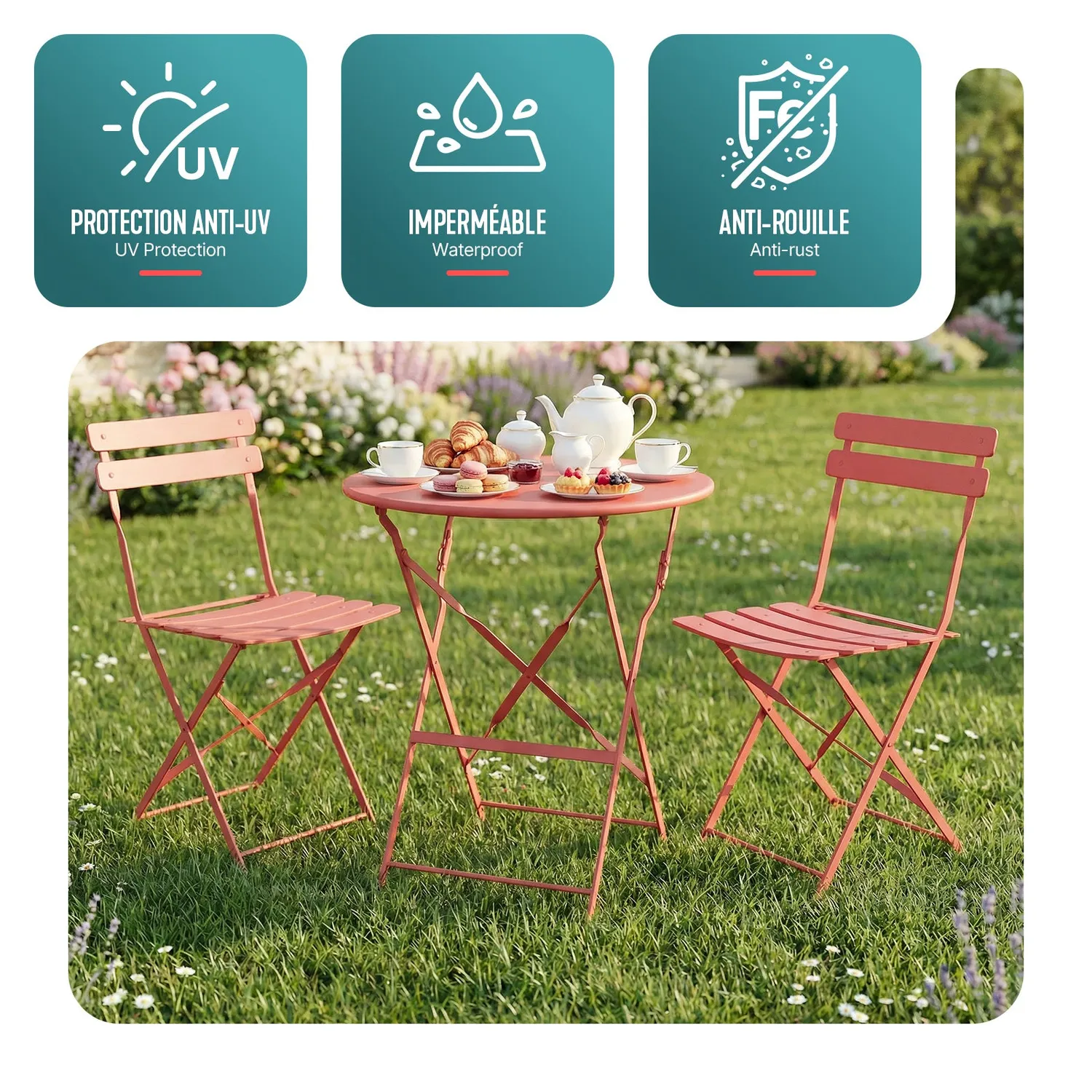 VOUNOT Set Bistrot Metallo Tavolo+2 Sedie Rosso Mattone Pieghevole
