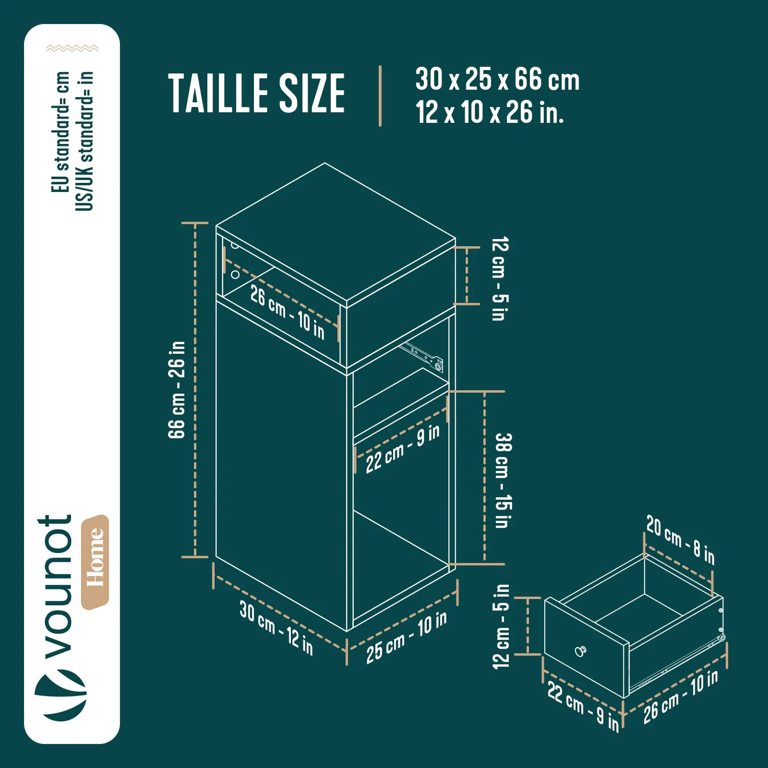 Vounot set 2 comodini bianchi 25x30x66 cm con cassetto