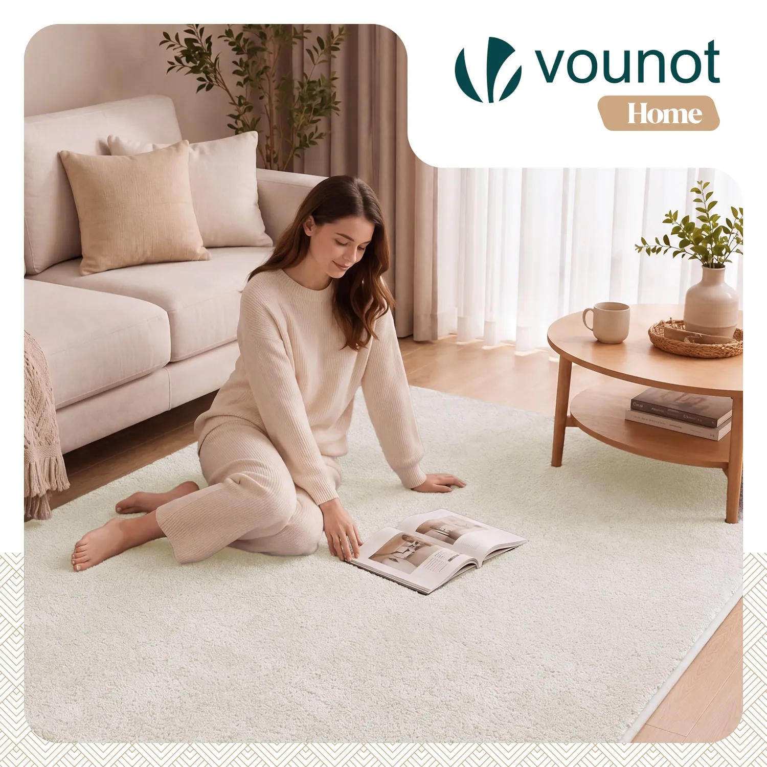 VOUNOT Tappeto Soggiorno Pelo Raso 160x230 Crema Antiscivolo